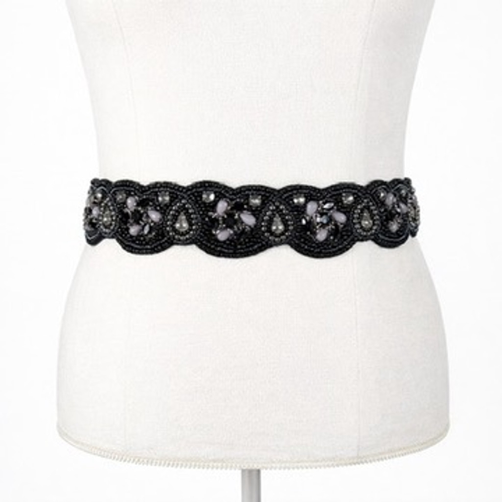 Stunning Special Occasion Statement Waist Belt Black Blue Beaded Stretch Size S
